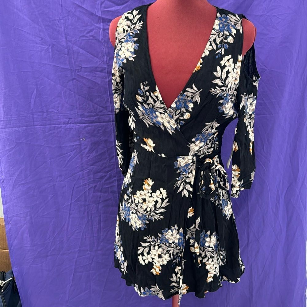 Altar’d state black floral cold shoulder faux wrap dress